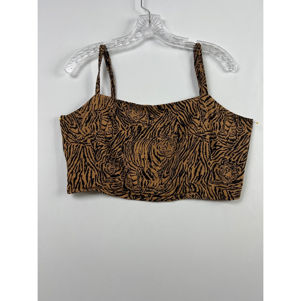 Roark Crop Top Women Large Brown Black Tiger Print Smocked Back Spaghetti Strap